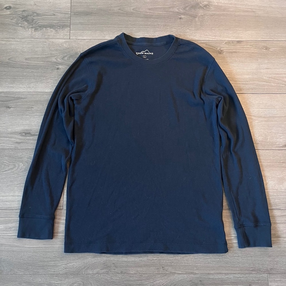 Eddie Bauer Mens Large Navy Blue Waffle Knit Thermal Long Sleeve Base Shirt